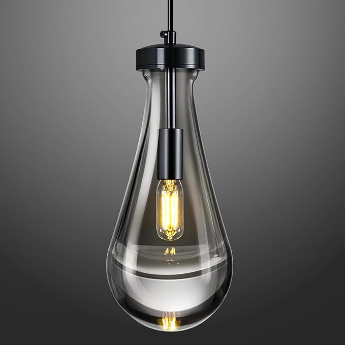 Raindrop Pendant Lights Kitchen Island Teardrop PlatingBlack Hanging Light Clear Solid Glass Pendant Light Modern Chandeliers for Dining Room Porch Corridor Living Room(PlatingBlack 1-Pack)