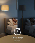 JOOFO Mid-Century Modern Wood Floor Lamp with Dual Fabric Shade, Remote Control, Dimmable & Adjustable Color Temperature, Reading & Living Room Lamp, Easy Clean Cover, Foot Switch