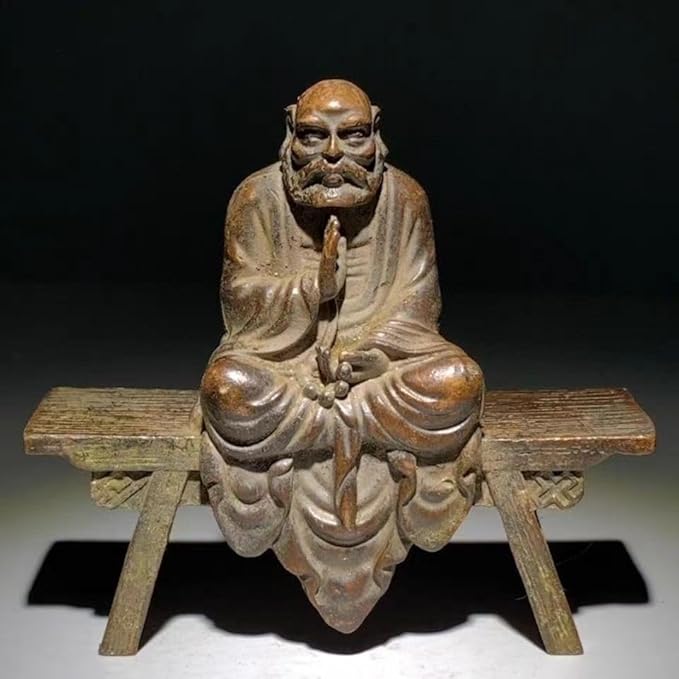 Antique Solid Brass Luohan Figure Buddhist Monk Bodhidharma Sit on Stool Statue Ornament Copper Statue Figurines Brass Zen Feng Shui Meditaion Yoga Ornament Collectible Buddhist Figurine Metal Art