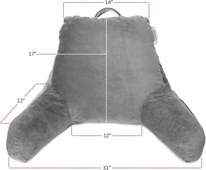 Nestl Reading Pillow Standard Bed Pillow, Back Pillow for Sitting in Bed Shredded Memory Foam Chair Pillow, Reading & Bed Rest Pillows Grey Back Pillow for Bed, Bed Chair Arm Pillow with Pockets