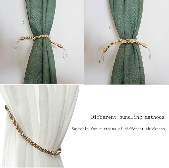 BEL AVENIR Curtain Ropes Tiebacks Tie-Backs, Curtain Handmade Holdbacks with 2 Metal Screw Hooks - Golden 2 Pack