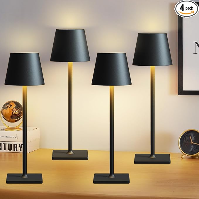 4 Pack Cordless Table Lamps, Portable Rechargeable Lamp, 6000mAh Battery Operated, 3 Color Dimmable LED Table Light for Restaurant/Bedroom/Outdoor Party/Camping/Cafe Night Light(Black)