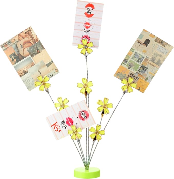 Tandefio Photo Tree Holder Clip, 8 Branch Money Family Tree Gift Card Holder with Clips Picture Frame Stand for Memo Paper Note Wedding Photo Display Office Decor (Yellow)