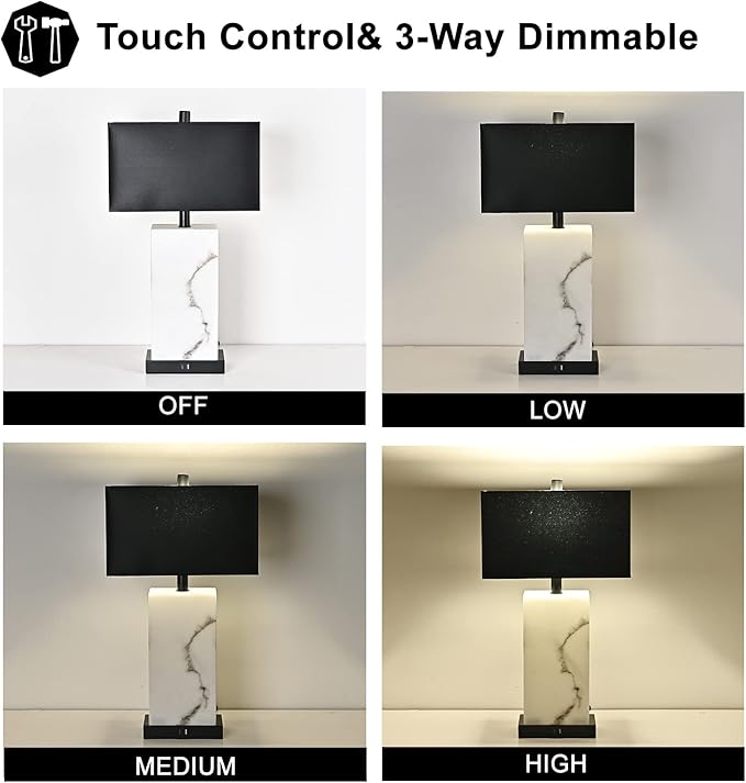 24” Black Touch Table Lamp Set of 2 with USB Ports, 3-Way Dimmable Bedside Nightstand Lamps for Bedroom Living Room End Tables, Night Stand Light Side Lamp Faux Silk Shade, Bulbs Included