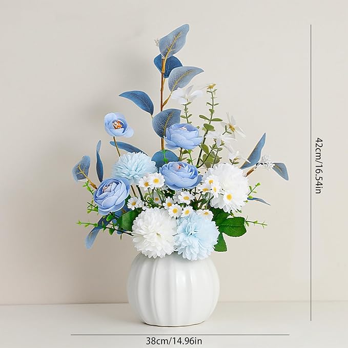 Artificial Flowers, Fake Flowers in Vase, Silk Flowers with Ceramic Vase, Faux Flowers Arrangement for Homes, Restaurants Decoration Dining Table Centerpiece Decor (White)