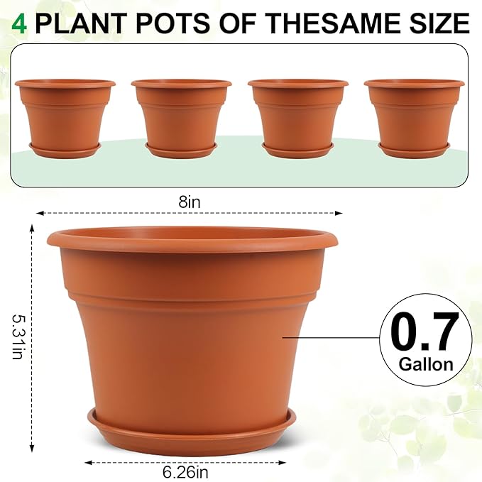 8 Inch Plastic-Flower Pot-for-Indoor Plants, 4 Pack Large Outdoor Planter Pot with Drainage Holes & Saucers, Resin Decorative Garden Pots Planters
