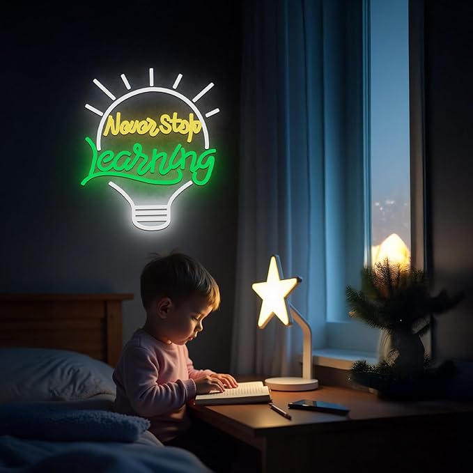 Never Stop Learning Neon Signs for Wall Decor USB Powered & Dimmable Neon Lights SignInspirational Letter Neon Lights for Classroom Library Study Room Bookstore Reading Corner&Book Club Motivational Wall Art
