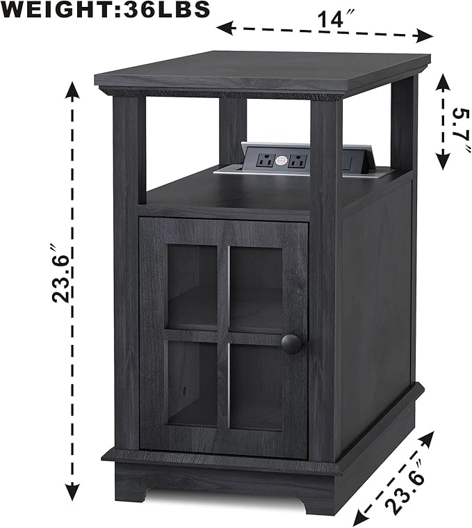 HIFYOBRO Narrow End Table with Flip Top Charging Station and Storage Cabinet, Type-C & USB Port & Power outlets, Adjustable Shelf, Blackgray Side Table with Storage for Living Room and Bedroom
