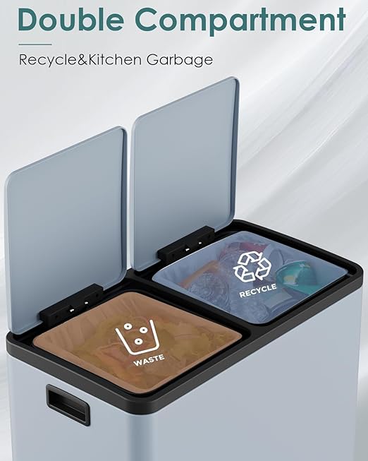 Arlopu 16 GallonStainless Steel Trash Can, 60L Dual Compartment, Metal Kitchen Step Recycle Bin, Metal Double Dustbin, in-Home Garbage Rubbish Can W/Removable Liner Buckets (Haze Blue)