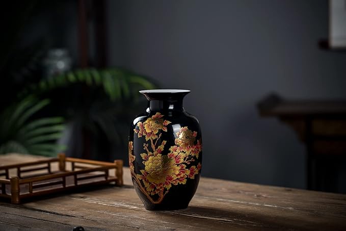 Black Vases Chinese Ceramic Flower Vase Decorated with Peony Design for Home Living Room Display and Gift from Jingdezhen Porcelain