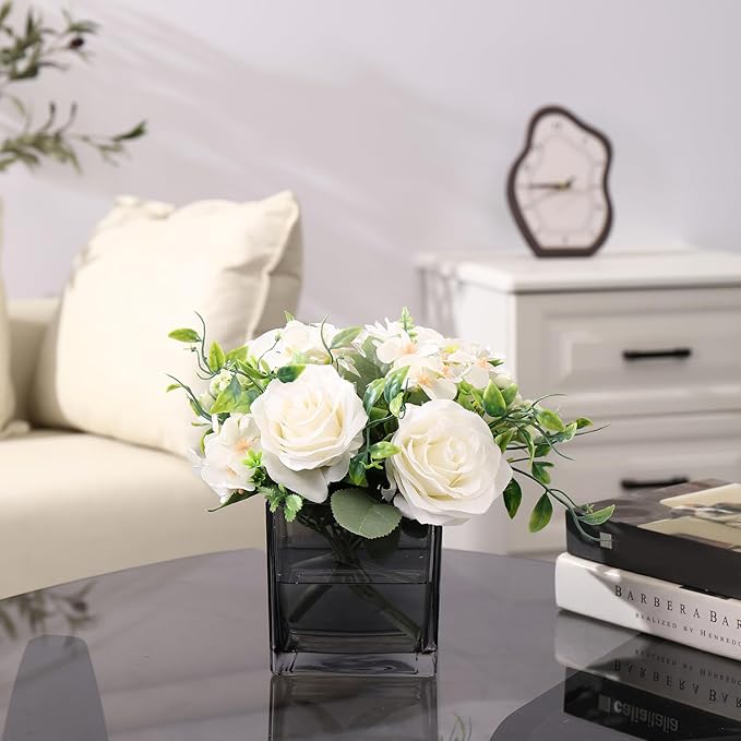 Square Grey Glass Vases Set of 6, 5" x 5" x 5" Flower Vases for Centerpieces, Square Vase for Centerpieces, Small Vase for Wedding, Party, Home Office Decoration