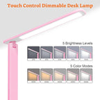 karidi LED Desk Lamp Dimmable Table Lamp with USB Charging Port, 5 Lighting Modes, Sensitive Control, Foldable Portable Desk Light for Home Office Bedroom Reading (Pink, Standard Size - 13.3 inch)