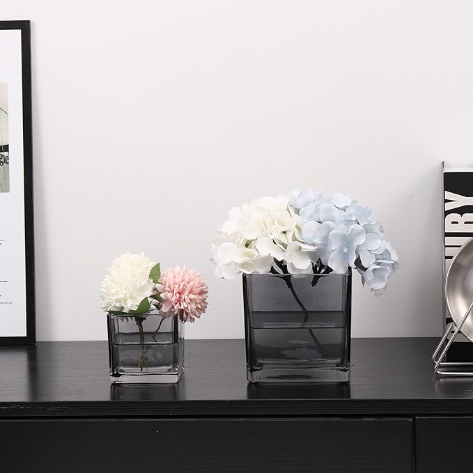 Square Vases Set of 6, 3"x 3"x 3" Glass Vases for Flowers, Square Flower Vase for Centerpieces, Small Grey Vase for Wedding, Party, Home Office Decoration