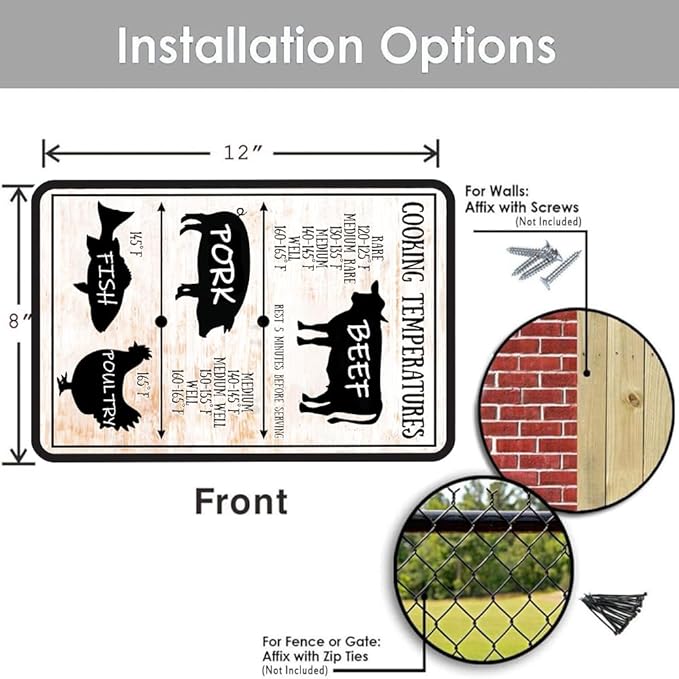 Vintage Kitchen Tin Sign Meat Internal Cooking Temperatures Sign Measurement Kitchen Conversion Metal Signs Meat Temperatures Cooking Chart Decor 8 X 12 Inch