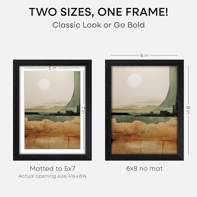 Homeforia 8x6 Black Wood Frame, High End Oak 6x8 Black Wooden Picture Frames with Mat 5x7 Art, 6 x 8 Frame Matted to 5 by 7 inch Photo, 6x8 Wall or Tabletop Frames, Tempered Glass, Wall Kit, Set of 1