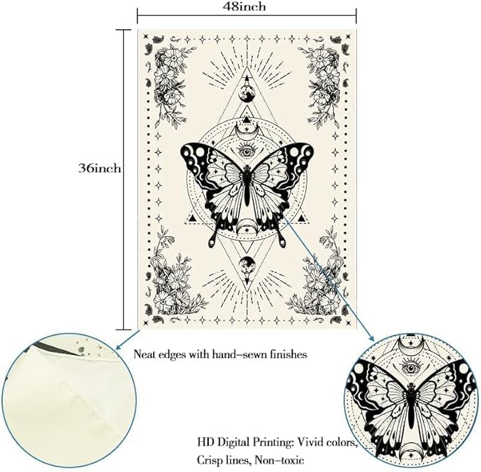 Lunerfex Boho Butterfly Tapestry Small Tapestry Tarot Tapestries Moon Phase Aesthetic Tapestries Wall Hanging for Bedroom and Living Room Decor Butterfly 36×48 Inches