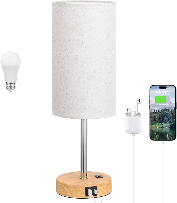 Touch Bedside Table Lamp with USB - 3 Way Dimmable Wood Lamp for Bedroom Nightstand, Desk Lamp with Charging Station for Dorm, Office, Kids Room, Living Room