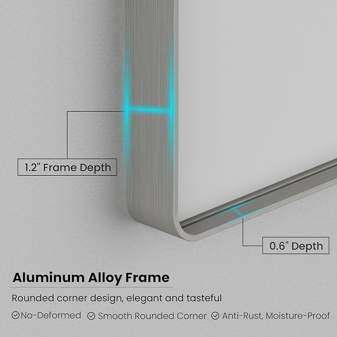 Brushed Nickel Bathroom Mirror 36x36 Inch, Brushed Silver Metal Frame Mirror Wall Mounted, Rounded Bathroom Vanity Mirror, Tempered Glass, Anti-Rust, Horizontal/Vertical