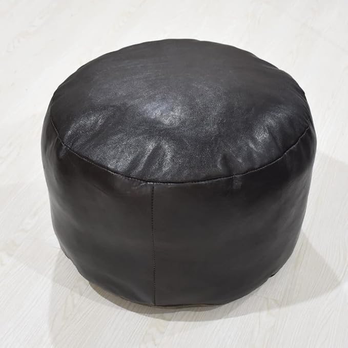 PF12 Round Shaped Goat Leather Handmade Eco-Friendly Chocolate Brown Pouf - 21" x 21" x 12", Plain Solid, Recycled Cotton Filled