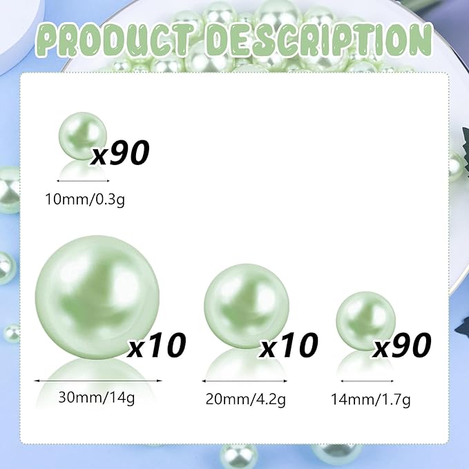 200PCS Light Green Faux Pearls Beads for Centerpiece Vases, Vase Filler Faux Pearls, No Holes Filler Beads for Party Anniversary Birthday Wedding Table Decor, 10/14/20/30mm