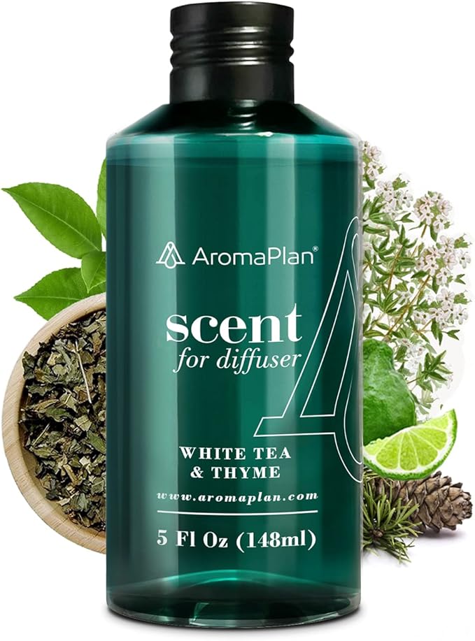 AromaPlan Hotel Scents White Tea & Thyme 5 Fl Oz (148ml), Home Luxury Aroma & Hotel Fragrance Diffuser Oil- Hotel Diffuser Oil for Aromatherapy- USA Made, Bigger Bottle, Bolder Aroma & Longer Lasting