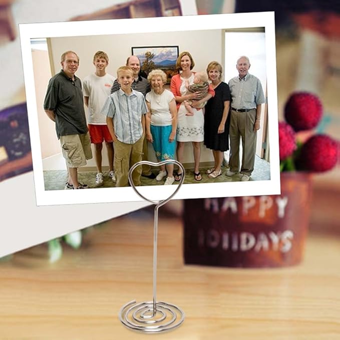 Table Number Card Holders Place Card Holder, 25 Pack Picture Holders for Tables, Heart Shape Photo Number Stands Menu Paper Card Clips for Wedding Party, Office, Restaurant (Silver)