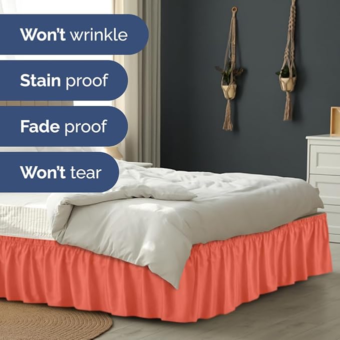 Wrap Around Dust Ruffle Bed Skirt - Coral - Twin/Twin XL Size Beds with 15 Inch Drop - Easy Fit Elastic Strap - Adjustable Pleated Bedskirt w/Brushed Fabric - Wrinkle Free - Women, Men, Kids & Teens