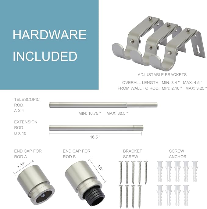 Curtain Rods for Windows 16 to 170 Inches Adjustable Length 1 Inch Diameter Window Curtain Rod with Aluminium End Cap, Brushed Nickel