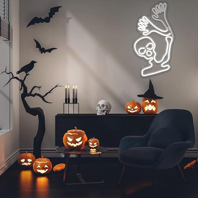 WLHOPE Skull Neon Signs - White LED Skeleton Skull Signs for Wall Decor, Halloween Decor, USB Waving Ghost Neon Light Up Signs for Bedroom, Kid's Room, Bar, Club, Shops, Party Decoration