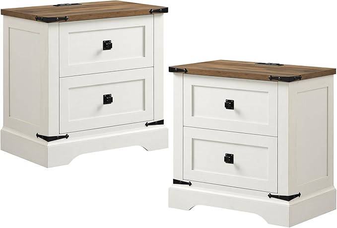 T4TREAM 24" Farmhouse Nightstand with Charging Station Set of 2, Large End Table with 2 Storage Drawers, Rustic Wood Sofa Bedside Table for Bedroom, Antique White