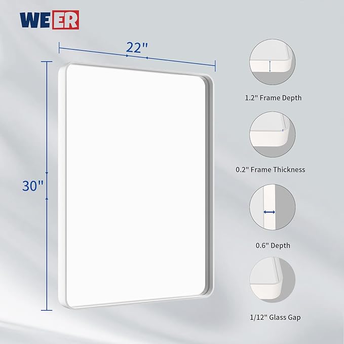 WEER White Bathroom Mirror 22X30 Inch, Rounded Rectangle White Metal Frame Mirror, Matte White Bathroom Vanity Mirror with Tempered Glass, Anti-Rust, Hangs Horizontally or Vertically