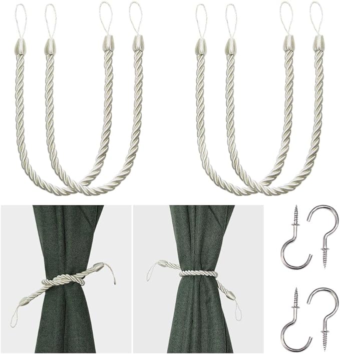 BEL AVENIR Curtain Rope Tiebacks, Drapery Rope Holdbacks with 4 Metal Screw Hooks (Cream, 4pack)