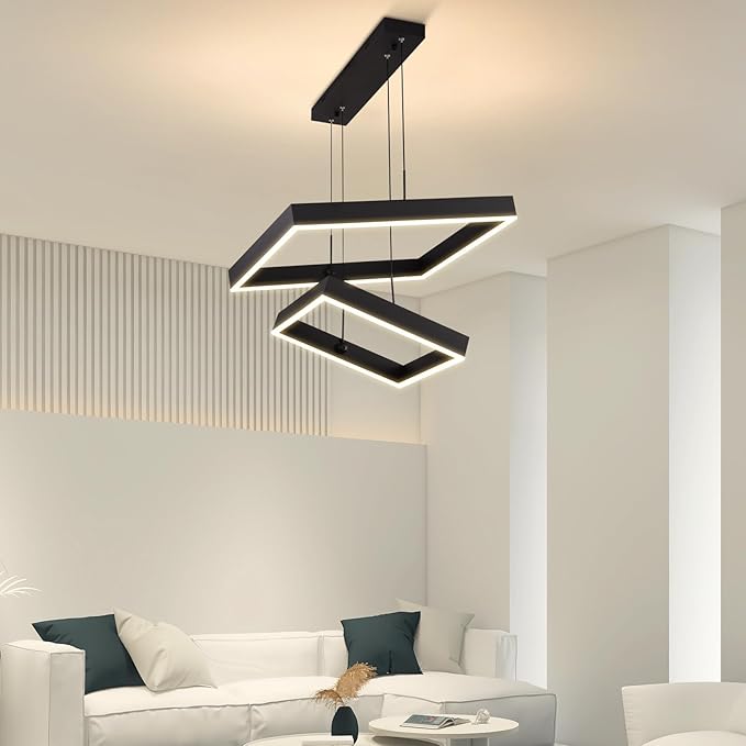 Modern Led Rectangle Chandelier for Dining Room, Dimmable Black Modern Chandelier with Remote, Adjustable Foyer Lighting Fixture