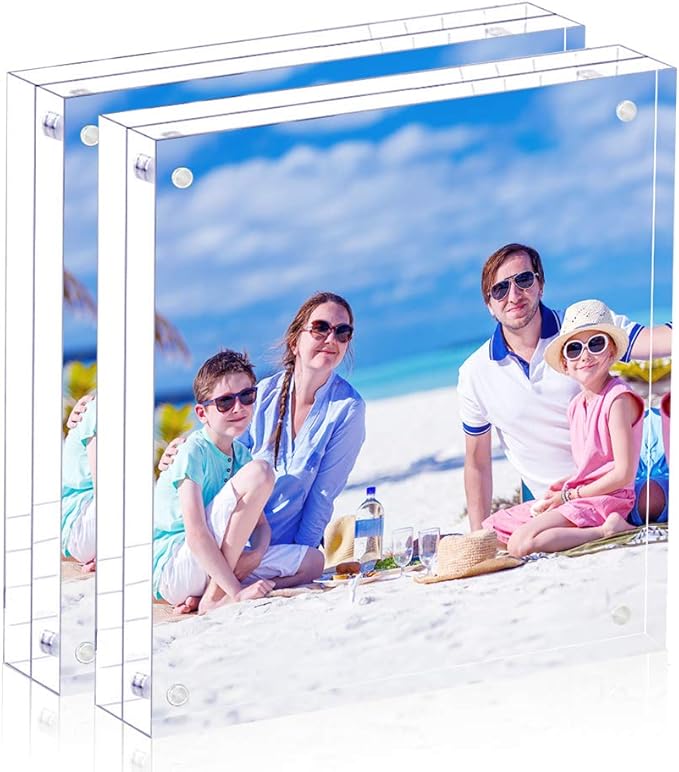 2 Pack Acrylic Picture Frame 4x4 Clear Double Sided Magnetic Photo Frameless Desktop Display with Photo Frame Stand Best Gift for Family, Baby, Document Photo Frames- Free Soft Microfiber