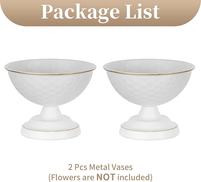 Sziqiqi White Urn Vase for Wedding Centrepiece: 5.5in Small Vases for Table Decoration Set of 2 - White Vintage Pot for Artificial Flower Arrangement - Metal Unique Honeycomb Vase for Birthday Party