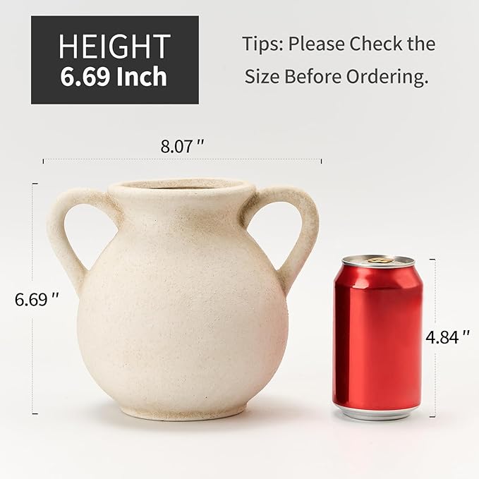 LUKA Antique Ceramic Vase with 2 Handle,6.7 inches Rustic Vase Minimalist Decor, Decorative Vases for Home Decor, Table, Living Room, Shelf, Christmas Decoration(Small,White)