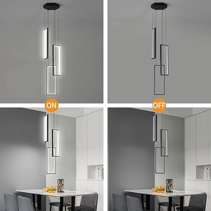 Modern Kitchen Pendant Light Fixture Black 40W LED Pendant Lighting 3 Rings Rectangle Chandelier for Kitchen Island Living Room Dining Room Bedroom