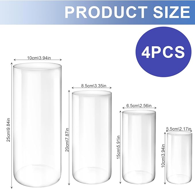 4 Pack Glass Cylinder Vases, 4,6,8,10 Inch Tall Clear Flowers Vases for Centerpieces, Floating Candles Vase,Hurricane Glass Candle Holders Vase for Wedding Home Tables Decor