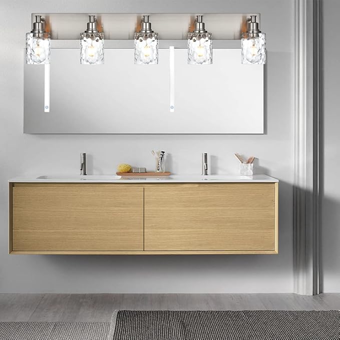 BONLICHT 5 Lights Sconces Wall Lighting Brushed Nickel with Hammered Glass Shade, Industrial Bathroom Light Fixtures Vanity Lights Porch Light Fixtures Classic Metal Wall Mount Lamp Over Mirror