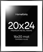 Homeforia 20x24 Picture Frame Black, High End Metal 20x24 Frame Matted to 16x20 Print, 20 x 24 Black Poster Frames with Mat 16 by 20 inch Photo, 24x20 Hanging Frame, Tempered Glass, Wall Kit, Set of 1