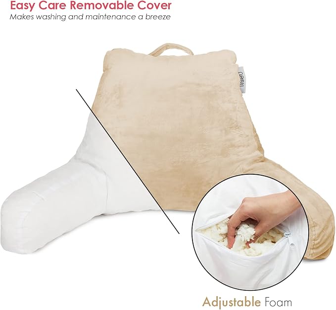 Nestl Reading Pillow Standard Bed Pillow, Back Pillow for Sitting in Bed Shredded Memory Foam Chair Pillow Reading & Bed Rest Pillows Beige Cream Back Pillow for Bed, Bed Chair Arm Pillow with Pockets