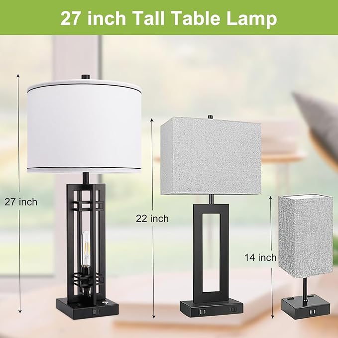 27" Touch Control Farmhouse Table Lamps, Set of 2 Tall Rustic Table Lamps 2-Light Design with USB A+C Ports, Bedside Lamps with White Shade for Living Room Home Office, 4 LED Bulbs Included