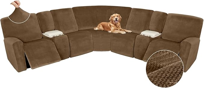 Arfntevss Sectional Recliner Couch Covers Velvet Washable Corner Sectional Sofa Cover for Reclining Couch Stretch Soft Thick L Shape Recliner Slipcover Set (5 Seat with 2 Console Cover, Light Brown)