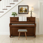 Walnut Ottoman Stool for Living Room | Upholstered in Gray Pattern Fabric | Versatile as a Piano Bench | Ideal Bedroom Bench | Functional Footstool Bench