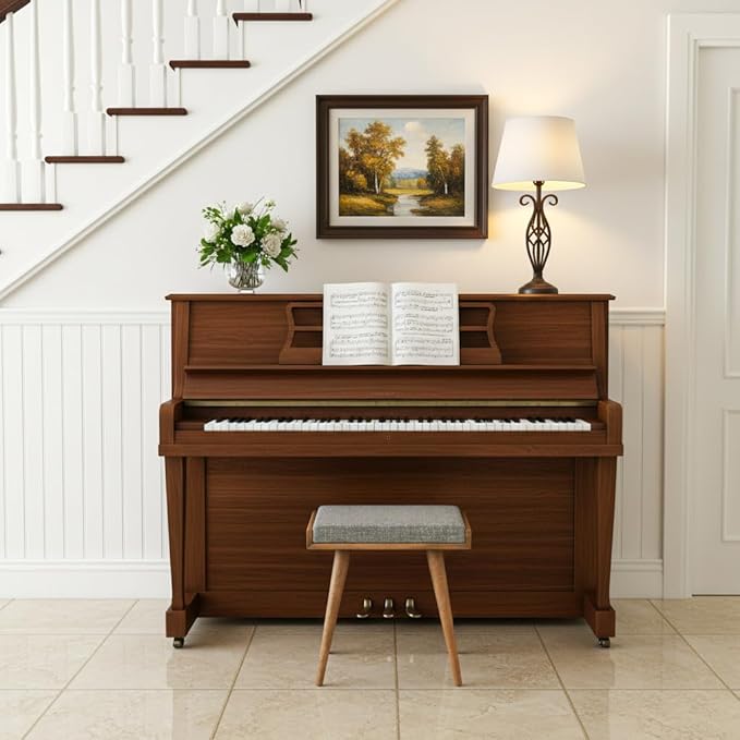 Walnut Ottoman Stool for Living Room | Upholstered in Gray Pattern Fabric | Versatile as a Piano Bench | Ideal Bedroom Bench | Functional Footstool Bench