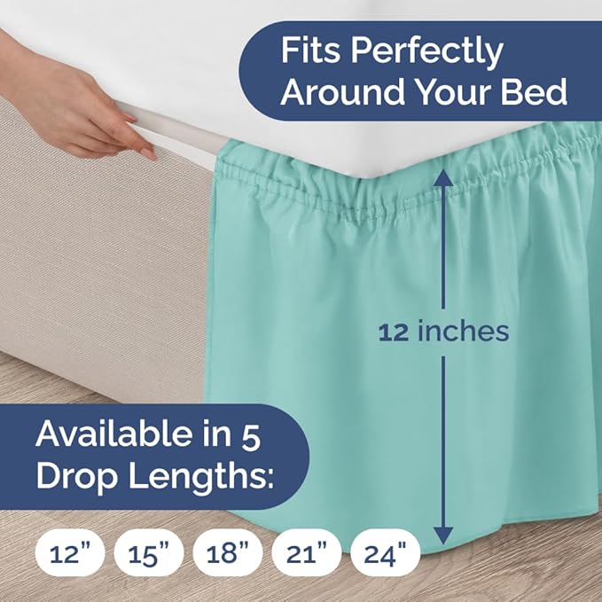 Wrap Around Dust Ruffle Bed Skirt - Spa Blue - for Queen Size Beds with 12 Inch Drop - Elastic Strap - Adjustable Pleated Bedskirt with Brushed Fabric and Wrinkle Free - for Women, Men, Kids & Teens