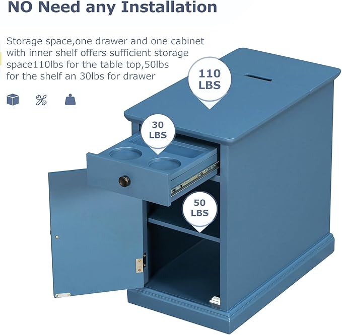 Traditional Wooden Narrow End Table with Charging Station, Modern Vintage Sofa Side Table Storage and Multifunctional Drawer, Antique Navy for Living Room, Bedroom, Office, No Assembly