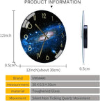 VIKMARI Black Wall Clock 12 Inch Round Silent Non-Ticking Quartz Battery Operated Wall Clocks Glass Night Sky Pattern Decorative Arabic Numerial Clock for Kitchen Living Room Dining Room and Bedroom