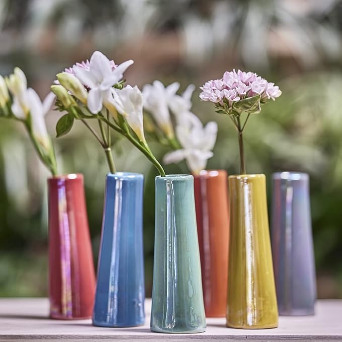 Chive - Set of 6 Galaxy, 1.5" in Wide 5.5" Tall Small Cylinder Ceramic Bud Flower Vase, Unique Single Flower Decorative Floral Vase for Home Decor, Bulk (Yellow, Green, Red, Blue, Orange)