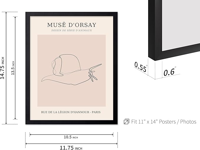 Poster Master Vintage Poster - Retro One Line Snail Drawing Print - Snail Line Art - Minimal Gift for Men, Women, Animal Lover - Abstract Wall Decor for Home, Office, 11x14 Black Framed